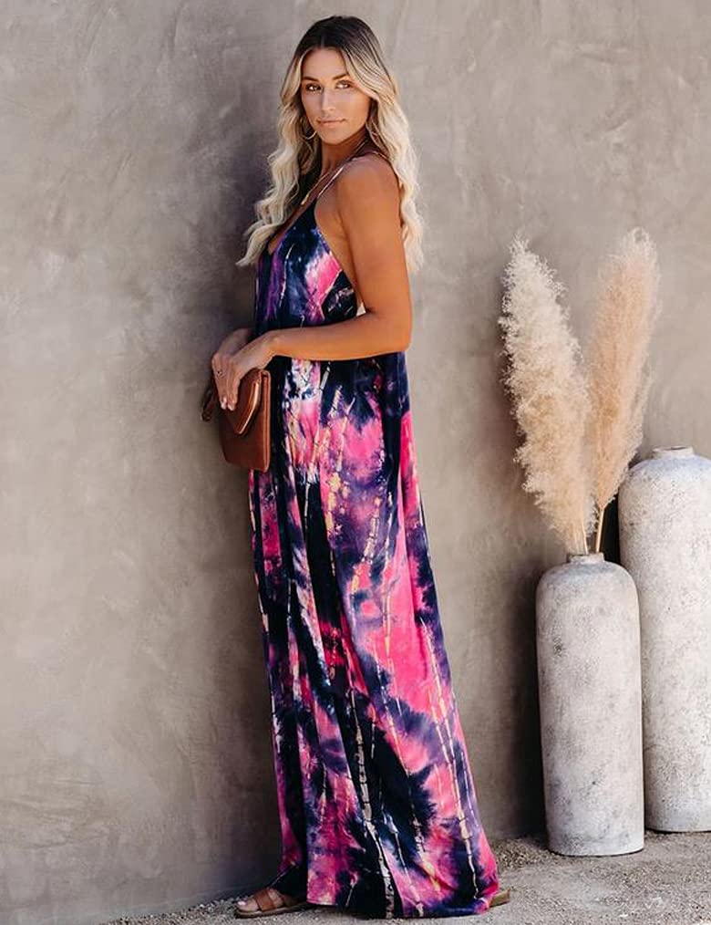 Poetsky Womens Casual Tie Dye Strappy Dress V Neck Sleeveless with Pockets Loose Long Maxi Sundress (M, PAT3) - Image 4